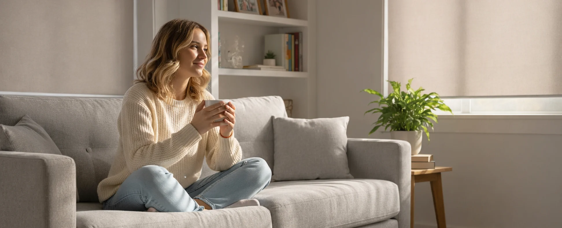 Молодая девушка сидит на диване с чашкой кофе